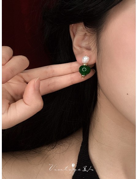 Chinese Retro Style Natural Pearl Green Agate Earrings