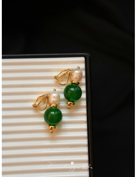 Chinese Retro Style Natural Pearl Green Agate Earrings