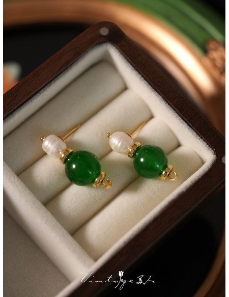 Chinese Retro Style Natural Pearl Green Agate Earrings