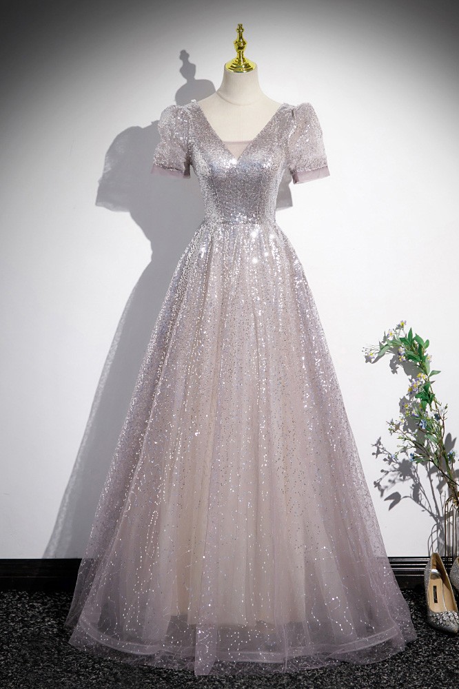 V Neck Tulle Silver Prom Dress with Beadings LBQ0837 main image 1