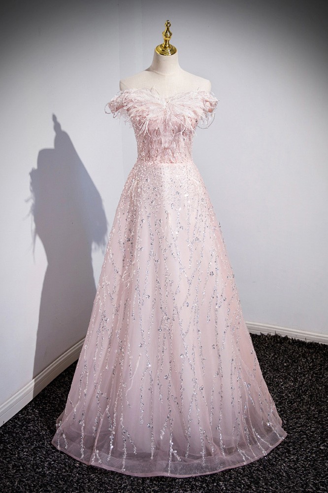 Pretty A line Off The Shoulder Pink Sequin Long Prom Dresses Evening Gowns