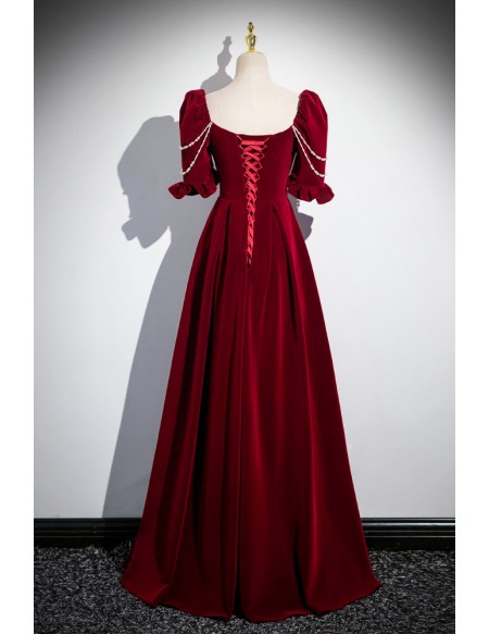 Elegant Princess Red Long Velvet Prom Dress with Beading Square Neck # ...