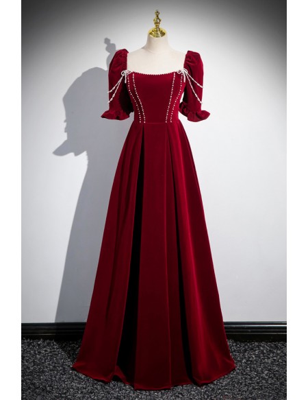 Elegant Princess Red Long Velvet Prom Dress with Beading Square Neck # ...