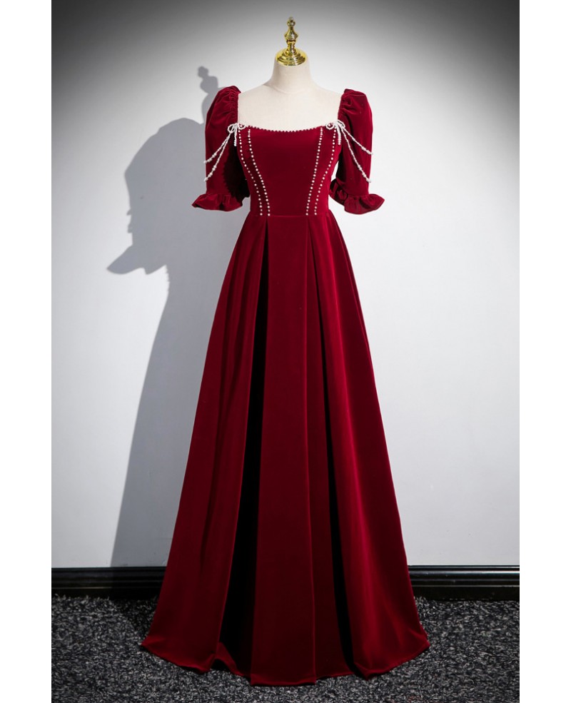 Elegant Princess Red Long Velvet Prom Dress with Beading Square Neck # ...