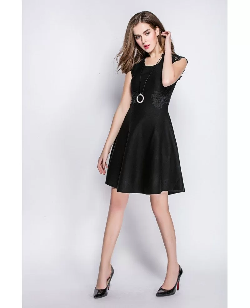 Little Black Lace Skater Dress with Zipper -GemGrace
