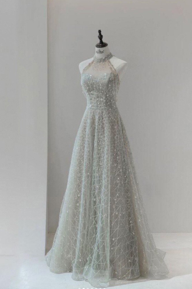 Sparkly A Line High Neckline Silver Sequin Long Prom Dress B168