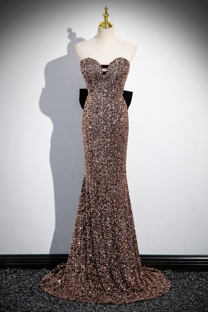 Removeable Shoulder Gold Sequin Mermaid Sweetheart Prom Dress with Bow  #L78375 - GemGrace.com