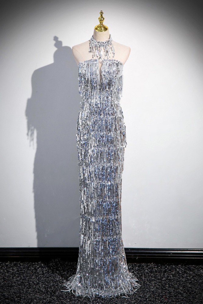 14004 Pink-Silver Draped Sequins Wrap Slit Dress