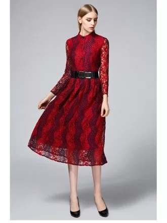 Burgundy Vintage Inspired Lace Midi Dress with Long Sleeves
