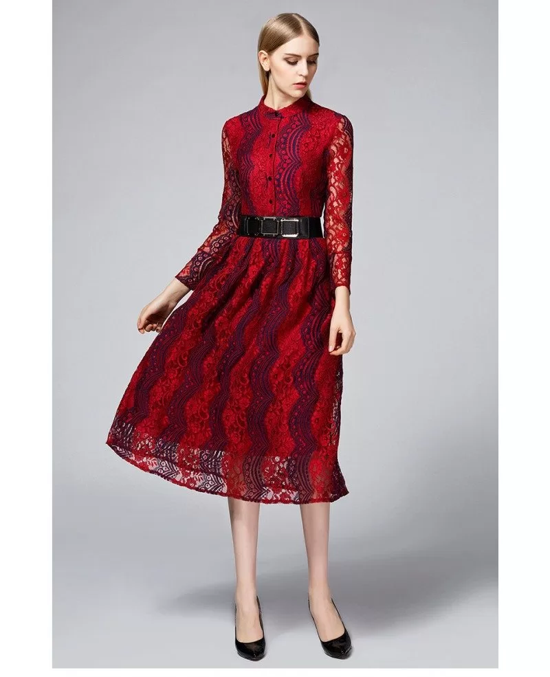 Burgundy Vintage Inspired Lace Midi Dress with Long Sleeves -GemGrace