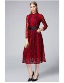 Burgundy Vintage Inspired Lace Midi Dress with Long Sleeves