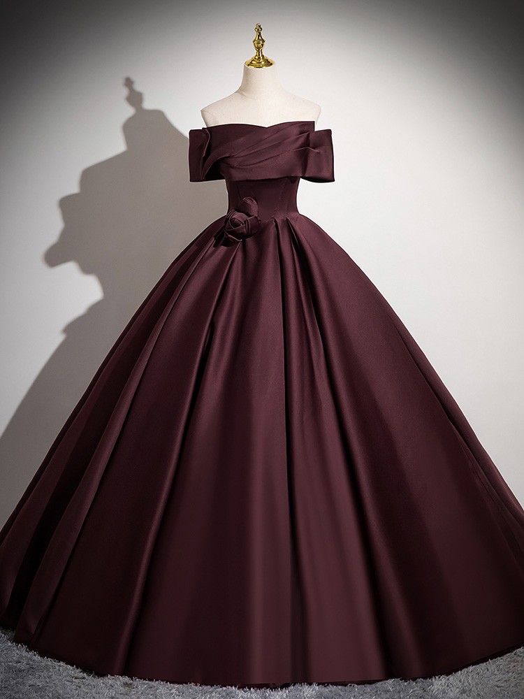 Off Shoulder Dark Green Sweep Satin Ball Gown Prom Dress, Lace