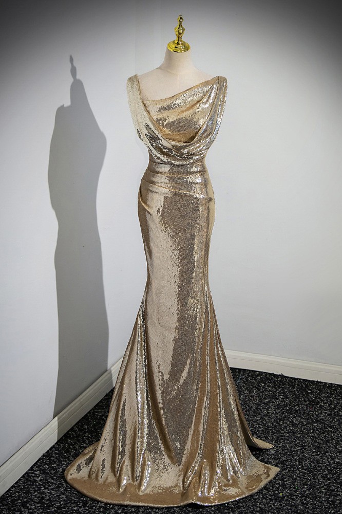 gorgoues gold sequin long mermaid prom dress C1273