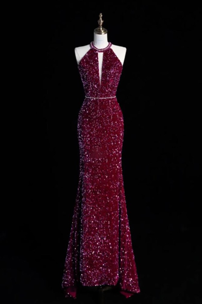 Sexy Mermaid Halter Dark Green Chiffon Sequin Long Prom Dress, Evening Dress C6115
