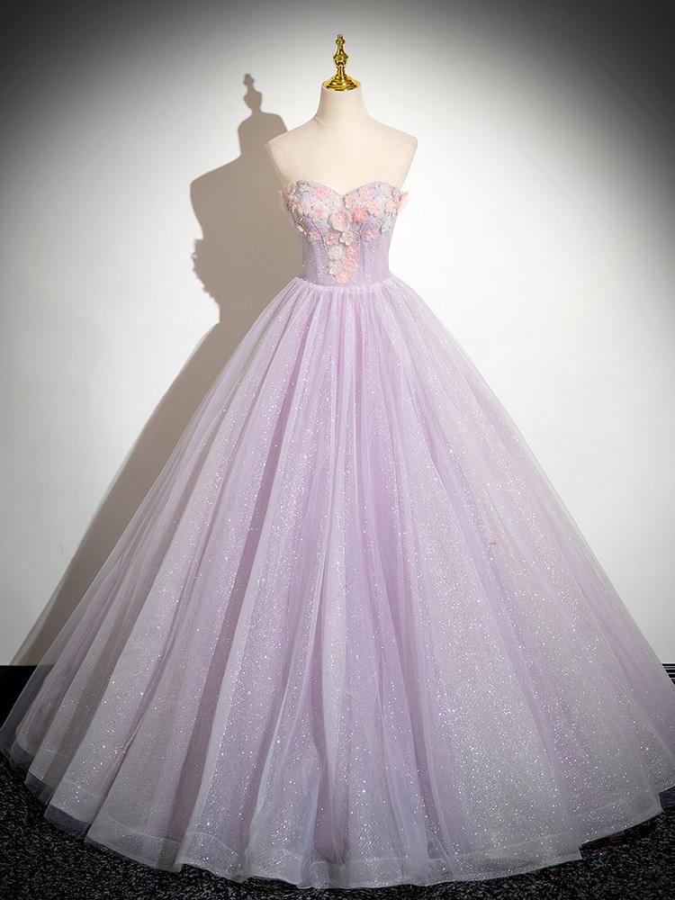 Fairytale Off Shoulder Shiny Tulle Lilac Prom Gown Dress with Flowers # ...