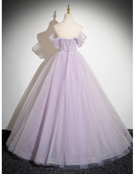 Fairytale Off Shoulder Shiny Tulle Lilac Prom Gown Dress with Flowers # ...