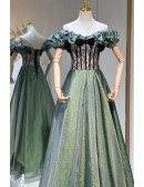 Off The Shoulder Ruffle Corset Green Prom Dress with Black Lace