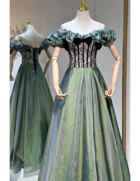 Off The Shoulder Ruffle Corset Green Prom Dress with Black Lace