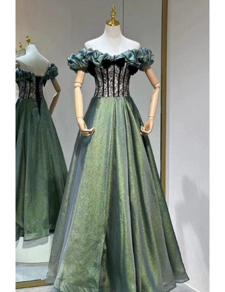 Off The Shoulder Ruffle Corset Green Prom Dress with Black Lace