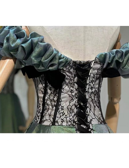 Off The Shoulder Ruffle Corset Green Prom Dress with Black Lace