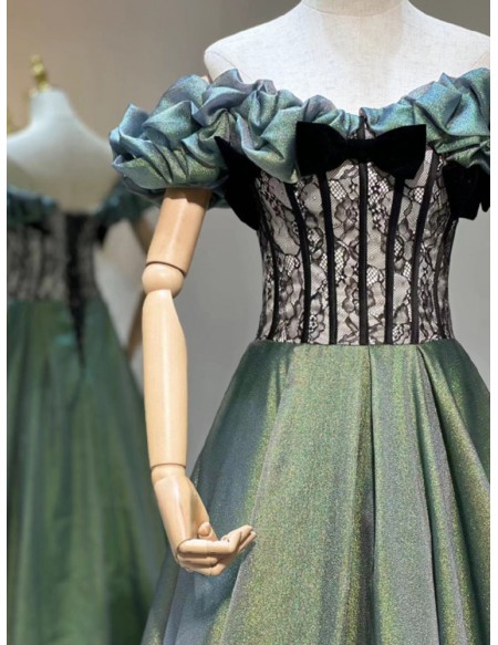 Off The Shoulder Ruffle Corset Green Prom Dress with Black Lace