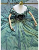 Off The Shoulder Ruffle Corset Green Prom Dress with Black Lace