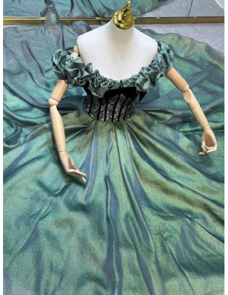 Off The Shoulder Ruffle Corset Green Prom Dress with Black Lace