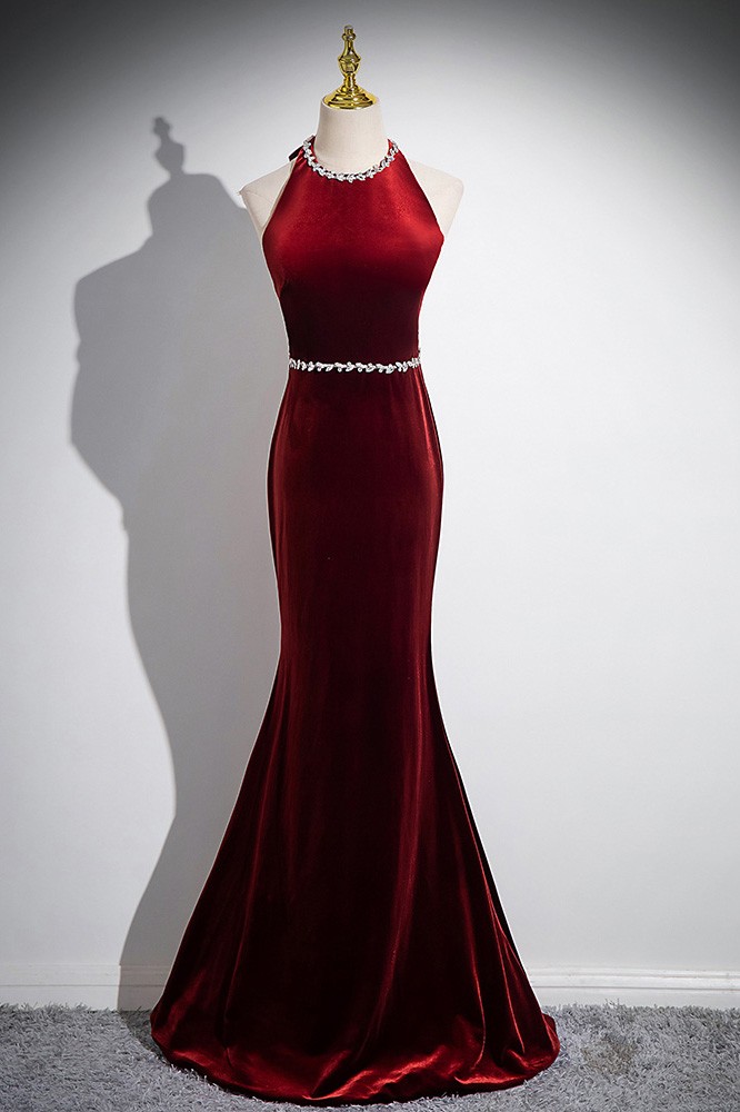 Sleeveless Mermaid Burgundy Halter Neck Long Velvet Prom Dress with Beading  #L78335