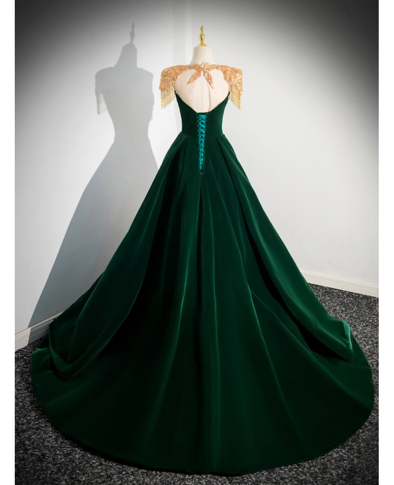 Simple Dark Green Long Velvet Formal Dress with Gold Beading Shoulders  #L78354 - GemGrace.com