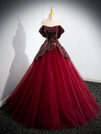 Strapless Burgundy Long Sequin Tulle Ball Gown Party Dress
