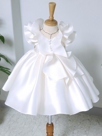 Puffy Sleeves Ruffled Satin Toddler Girls Birthday Party Dress