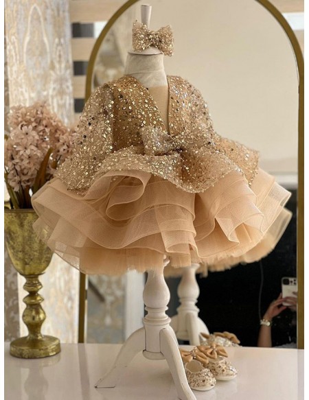 Sequined Long Sleeved Ruffled Ballgown Girls Party Dress