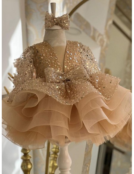 Sequined Long Sleeved Ruffled Ballgown Girls Party Dress
