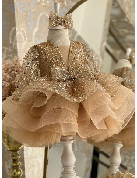 Sequined Long Sleeved Ruffled Ballgown Girls Party Dress