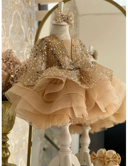 Sequined Long Sleeved Ruffled Ballgown Girls Party Dress