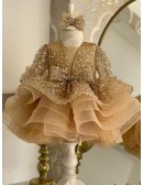 Sequined Long Sleeved Ruffled Ballgown Girls Party Dress