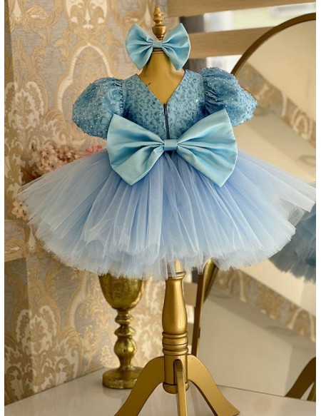Cute Blue Puffy Tulle Short Ballgown Girls Party Dress