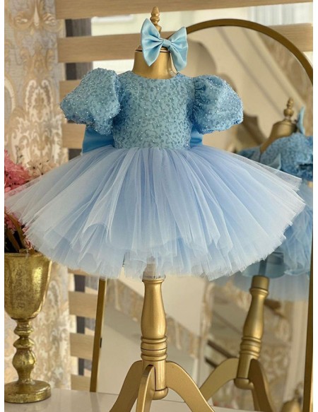 Cute Blue Puffy Tulle Short Ballgown Girls Party Dress