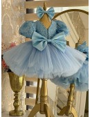 Cute Blue Puffy Tulle Short Ballgown Girls Party Dress