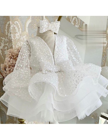 Sequined Beaded Ruffle Ballgown Flower Girl Dress Long Sleeved