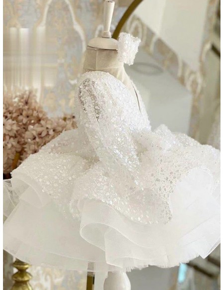 Sequined Beaded Ruffle Ballgown Flower Girl Dress Long Sleeved