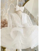 Sequined Beaded Ruffle Ballgown Flower Girl Dress Long Sleeved