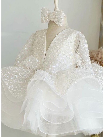Sequined Beaded Ruffle Ballgown Flower Girl Dress Long Sleeved
