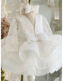 Sequined Beaded Ruffle Ballgown Flower Girl Dress Long Sleeved