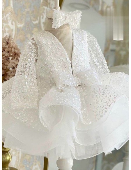 Sequined Beaded Ruffle Ballgown Flower Girl Dress Long Sleeved