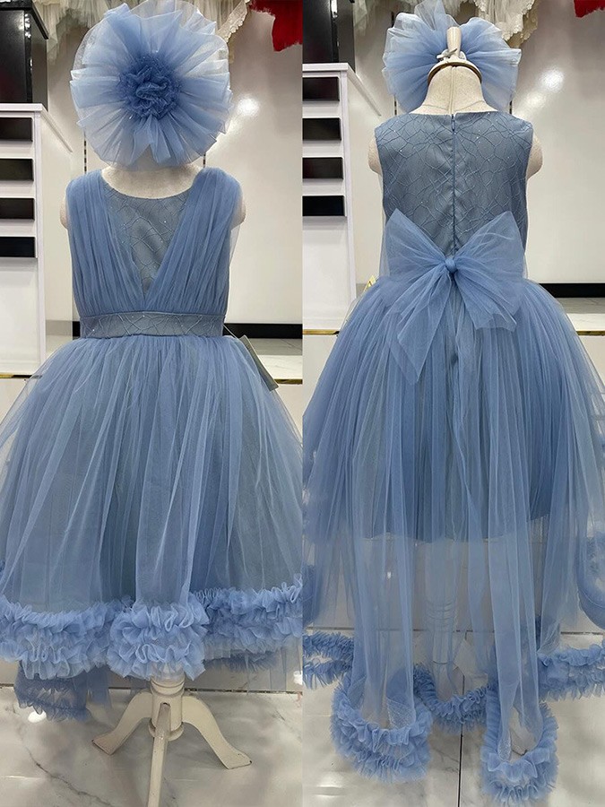 Pearl Trim Tank Style Flower Girl Dress with Tiered Tulle Skirt High Low Hem Design