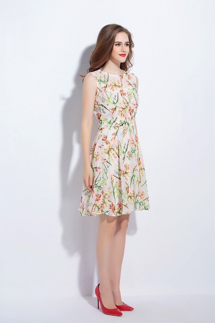 Summer Floral Print Chiffon V Back Silk Dress -GemGrace