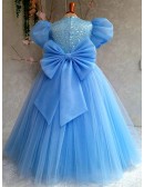 Blue Flowy Long Tulle Children Formal Dress with Bubble Sleeves