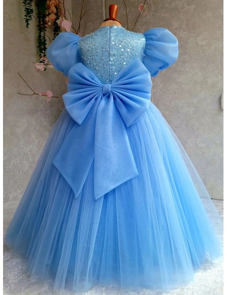 Blue Flowy Long Tulle Children Formal Dress with Bubble Sleeves