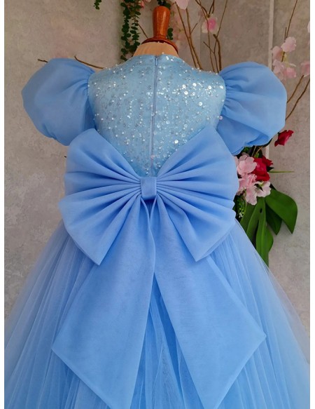 Blue Flowy Long Tulle Children Formal Dress with Bubble Sleeves